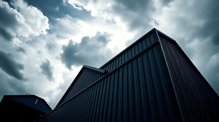 High contrast color photograph of architecture under a dramatic stormy sky, emphasizing sharp lines and detailed textures, cinematic wide angle composition, film grain effect.