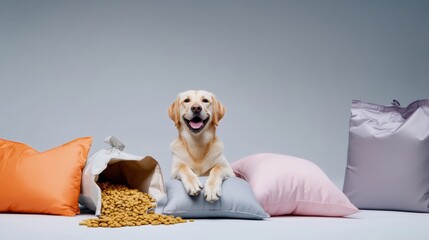 Obraz premium Happy Labrador enjoying comfy cushions surrounded by dog food. Perfect for pet comfort and nutrition. Ideal pet care essentials.