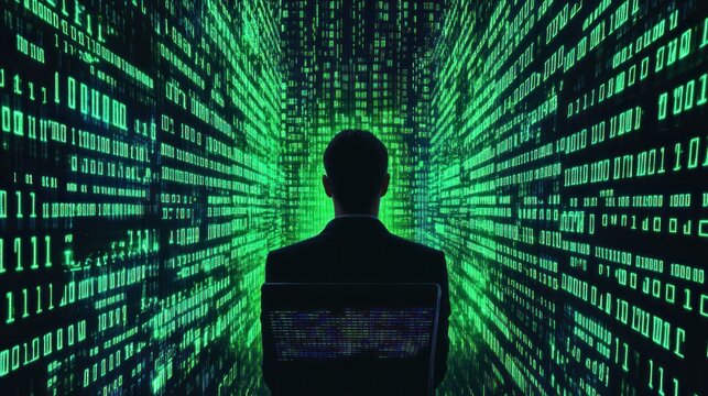 Man in the Matrix Digital Rain: A Cyberpunk Vision of Data Streams and Virtual Reality