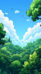 Obraz premium Lush green forest valley under a vibrant blue sky with fluffy clouds and birds.