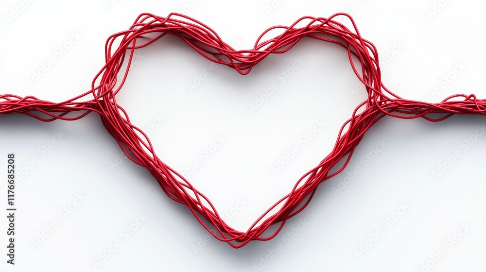 Aufkleber heart made of red strings is displayed on a white background. the heart is made of various red strin