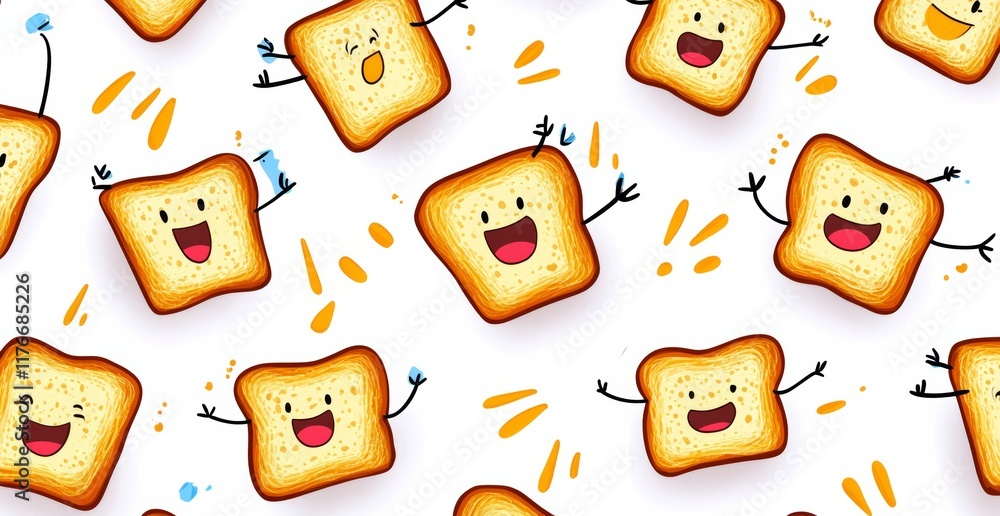Poster cartoon of a smiling toasted bread with a smiley face on it. the bread is smiling and has a happy ex