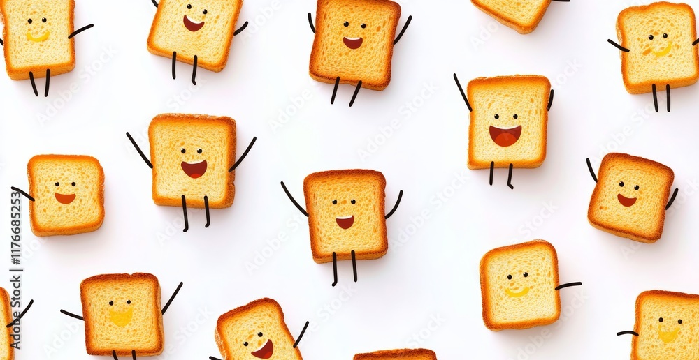 Poster bunch of cartoon bread with smiling faces on them. the bread is cut into squares and arranged in a p