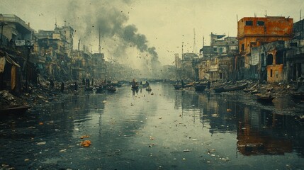 Fototapeta premium Polluted canal, dilapidated buildings, boats, smoke.