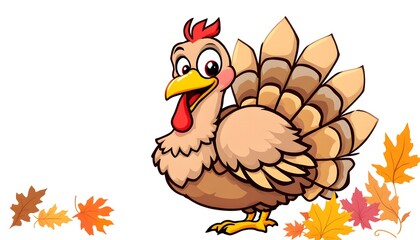 Cheerful Cartoon Turkey with Autumn Leaves for Thanksgiving Celebrations and Festivities