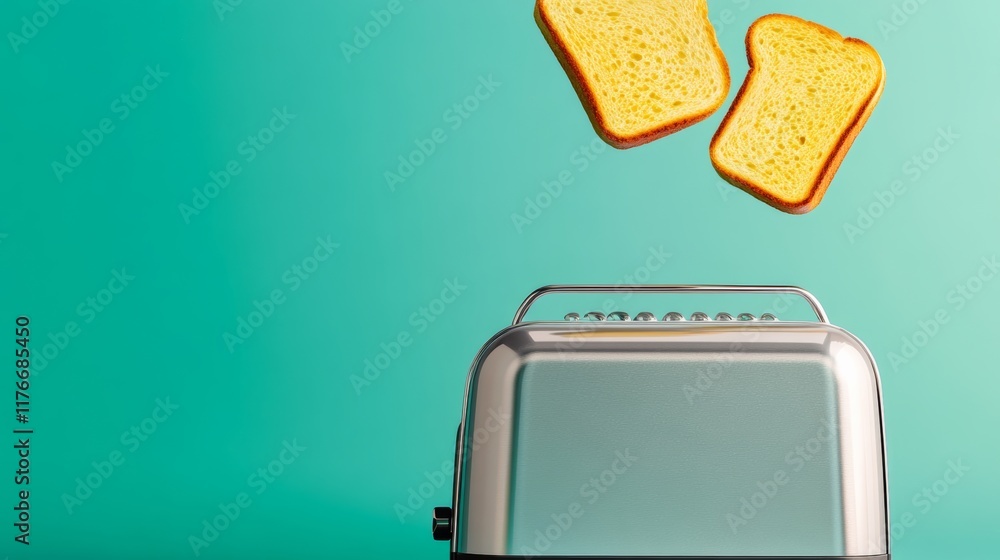 Poster toaster with two slices of toast in it. the toast is yellow and is about to be toasted