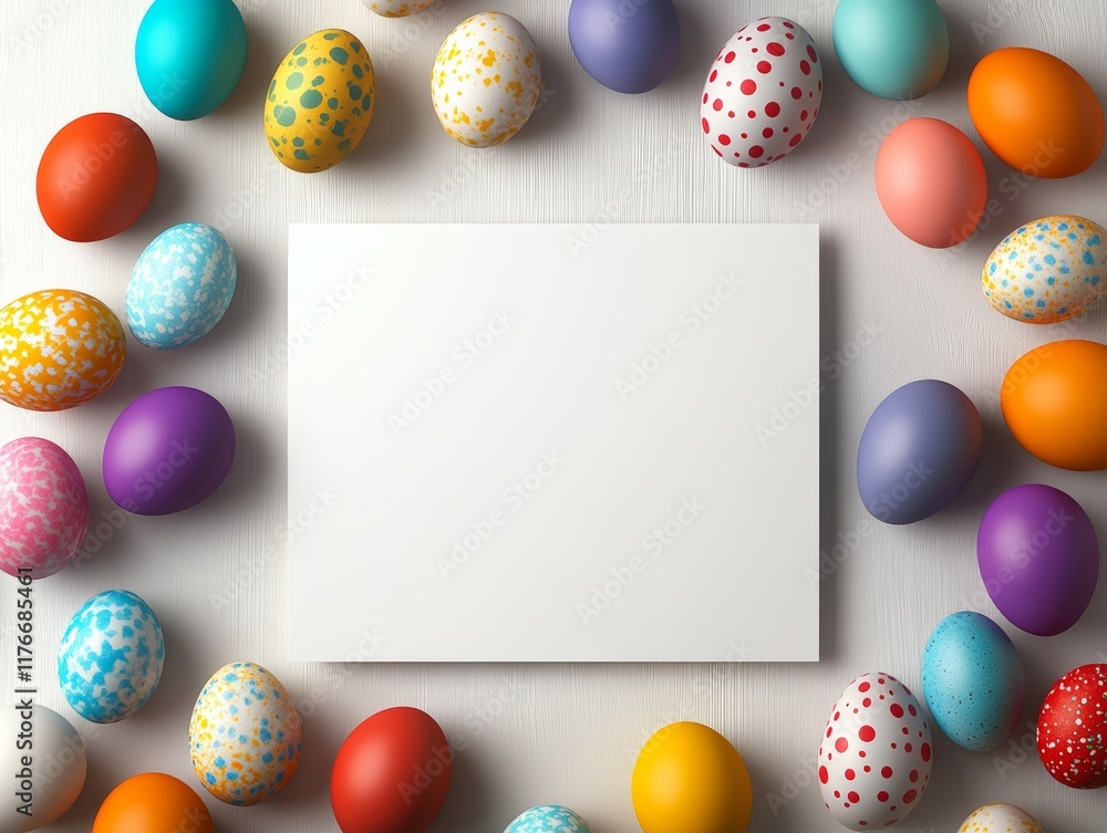 Poster white board with a colorful egg pattern surrounding it. the eggs are of different colors and sizes, 