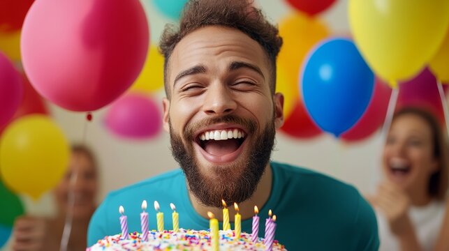 Man is smiling and holding a cake with lit candles. The scene is festive and joyful, with colorful balloons and people around him