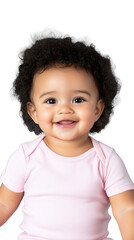 Smiling baby in a pink shirt, sitting with a joyful expression on a transparent background.