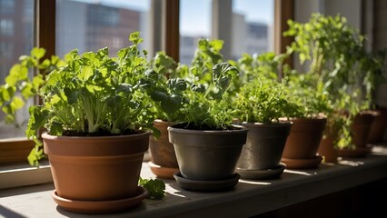 Sunlit Indoor Garden With Potted Herbs Thriving on a Windowsill Surrounded by Natural Light