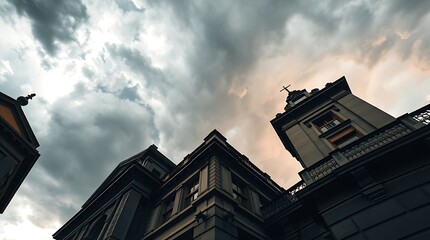 Wide-angle color photograph of architecture under a dramatically stormy sky. Sharp lines, detailed structures, and cinematic lighting create a high-tension atmosphere. Focus on precise architectural 