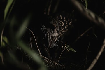 A detailed shot of an African civet cat prowling through the underbrush at night