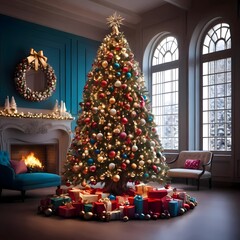 christmas tree with presents and gifts lights 