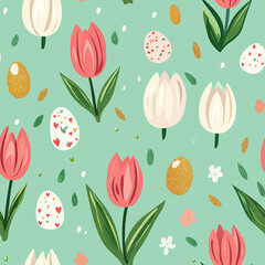 Colorful spring tulips and decorated easter eggs on light green background