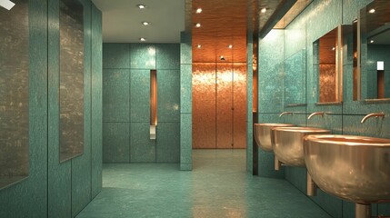 Modern restroom; teal walls, metallic sinks, warm lighting.
