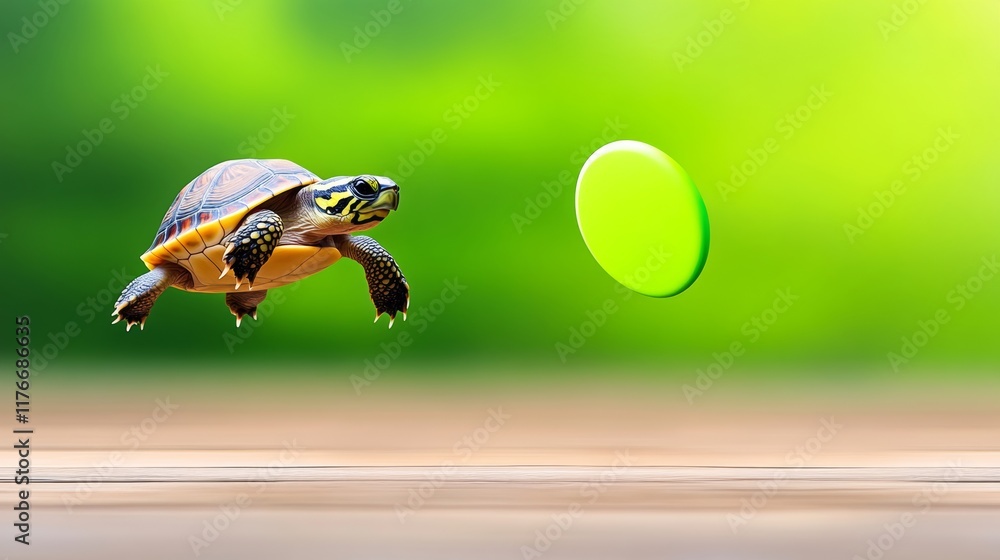Poster green frisbee is in the air and a turtle is chasing it. the turtle is in the middle of the image and
