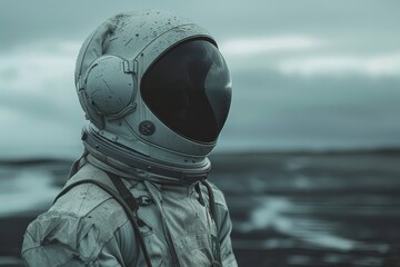 Fototapeta premium A lone astronaut in a worn spacesuit stands on a desolate landscape reflecting global themes of exploration and space travel.