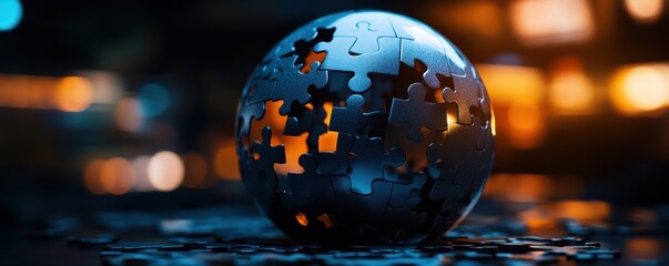 dementia, memory, diagnosis concept. A partially completed puzzle globe with glowing accents in a dark setting.