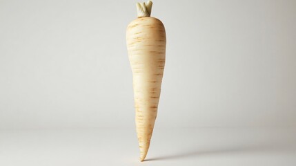 A single parsnip standing upright like a sculpture, isolated on a minimalist white background