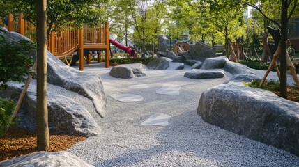 Serene Playground: Granite Rocks and Wooden Play Structure