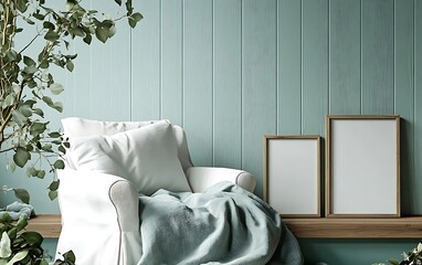 Cozy armchair with blanket, plants, and empty frames by teal wall, ideal for relaxation visuals.
