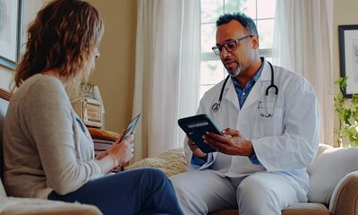 A doctor consults with a patient, both engaged with their devices in a comfortable setting.