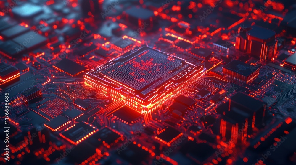 Aufkleber glowing red cpu on circuit board.