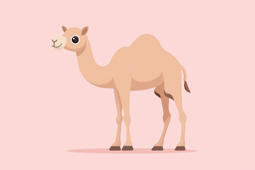 Cute cartoon camel standing on pink background, showcasing its unique features