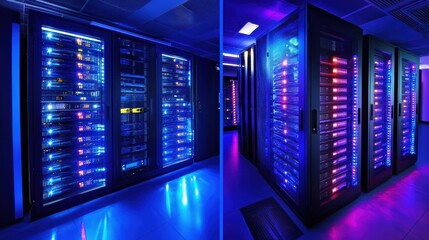 Advanced Server Room with Glowing LED Indicators and Data Storage
