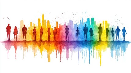 Colorful silhouette of diverse people against a vibrant city skyline.