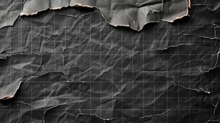 Black dusty textured background, sheets of crumpled checkered, dotted, craft paper. Noisy gritty dot halftone effect, retro banner in grunge style, overlay. Torn out notebook pages