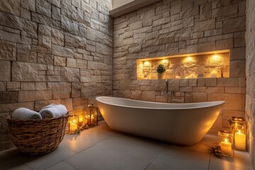 Luxurious Spa-Inspired Bathroom with Soft Lighting and Textured Stone Walls, Perfect for Creating a Serene and Relaxing Atmosphere at Home