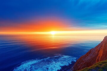 Fototapeta premium Panoramic view of the ocean at sunset, with tranquil hues of orange and blue reflecting on calm waters.