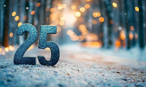 Chiffres paillet&eacute;s 25 pos&eacute;s sur un sol enneig&eacute; dans une for&ecirc;t d&eacute;cor&eacute;e de lumi&egrave;res floues en arri&egrave;re-plan, composition hivernale pour No&euml;l