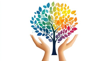A colorful tree made of leaves, symbolizing growth and nature, held by two hands.