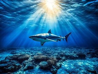 Fototapeta premium Majestic Shark Gliding Gracefully Through Crystal Clear Waters Illuminated by Sunlight, Captivating Seabed and Ray-Like Patterns Below