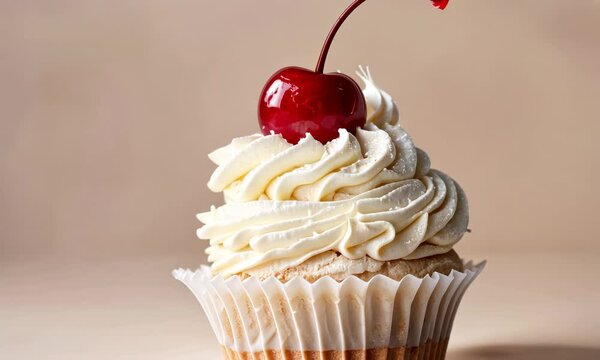 Cupcake topped with whipped cream and maraschino cherry