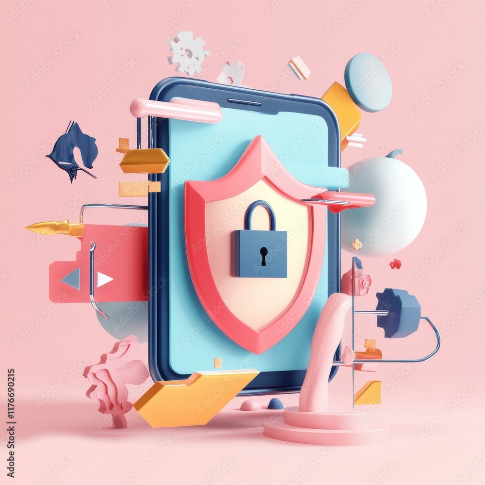 Poster a vibrant 3d rendering of a smartphone surrounded by security icons and geometric shapes, symbolizin