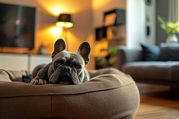 Photo of a ginger dog, a French bulldog, lying on the couch in the house