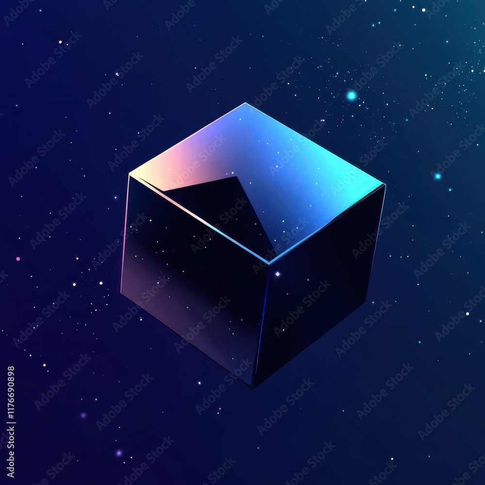 Poster a futuristic, reflective cube floating in a starry space setting.