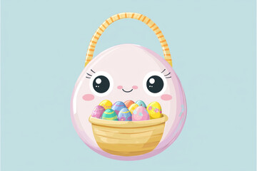 Cute Easter egg basket with colorful eggs and smiling face