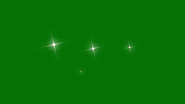 Twinkling stars animation, blinking light effect on transparent background. Star twinkling, white cartoon, vector, doodles style stars blinking, glitter on green background, night sky. 4k animation