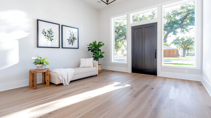 Bright farmhouse living space with cream chaise lounge, large windows, and greenery. welcoming atmosphere with natural light and wooden accents