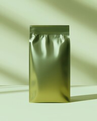 A sleek green packaging pouch standing against a soft pastel backdrop, conveying a modern aesthetic.