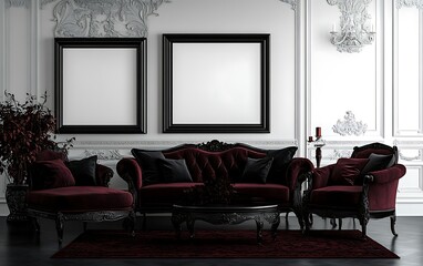 Classic interior with blank frames, red sofa, and elegant decor.