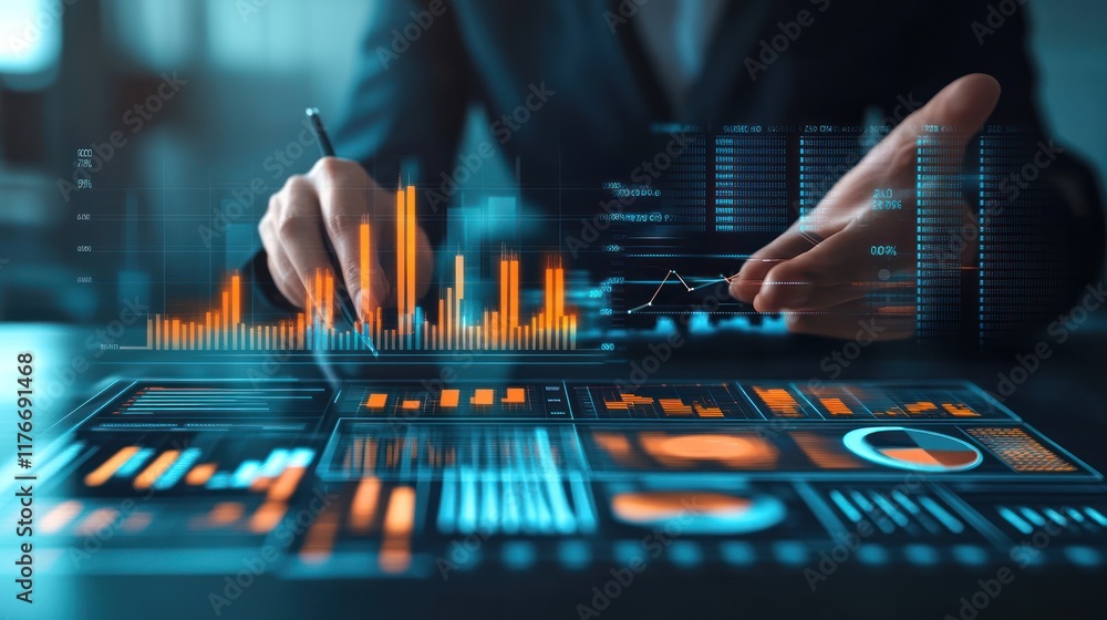 Poster business analytics data visualization technology digital dashboard interface modern workplace