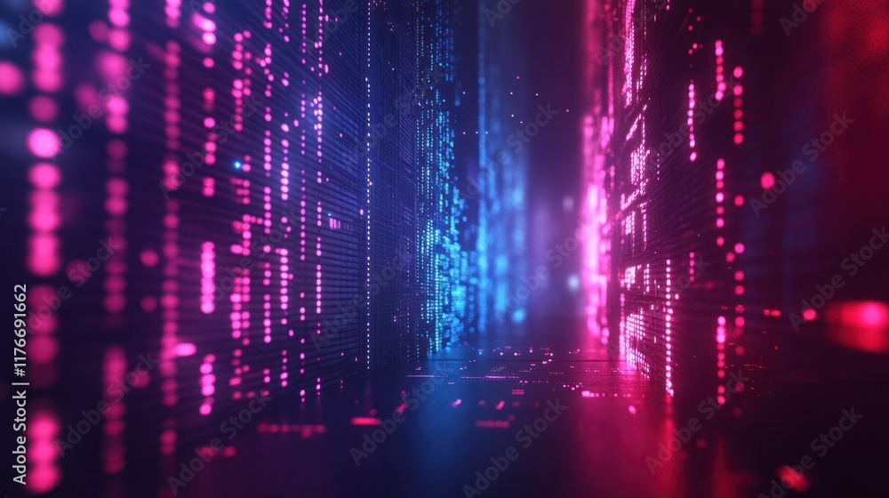 Poster abstract digital corridor neon lights glowing pink blue data stream binary code futuristic technolog
