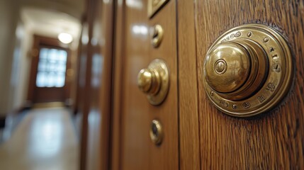 Fototapeta premium Elevator experience classic woodpaneled setting interior design elegant architecture close-up view ornate brass fixtures for luxury ambiance
