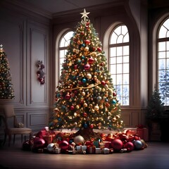 christmas tree with gifts and decorations lights 