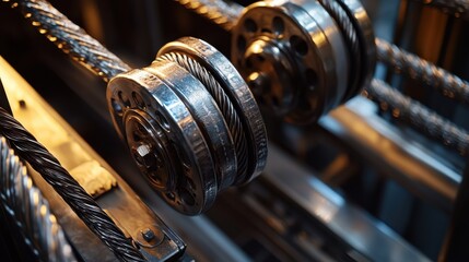 Elevator cables and pulleys in motion industrial setting close-up photography mechanical engineering dynamic viewpoint motion mechanics